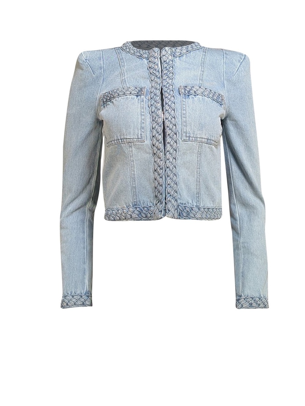 Veronica Beard Light Blue Cropped Braided-Trim Denim Jacket